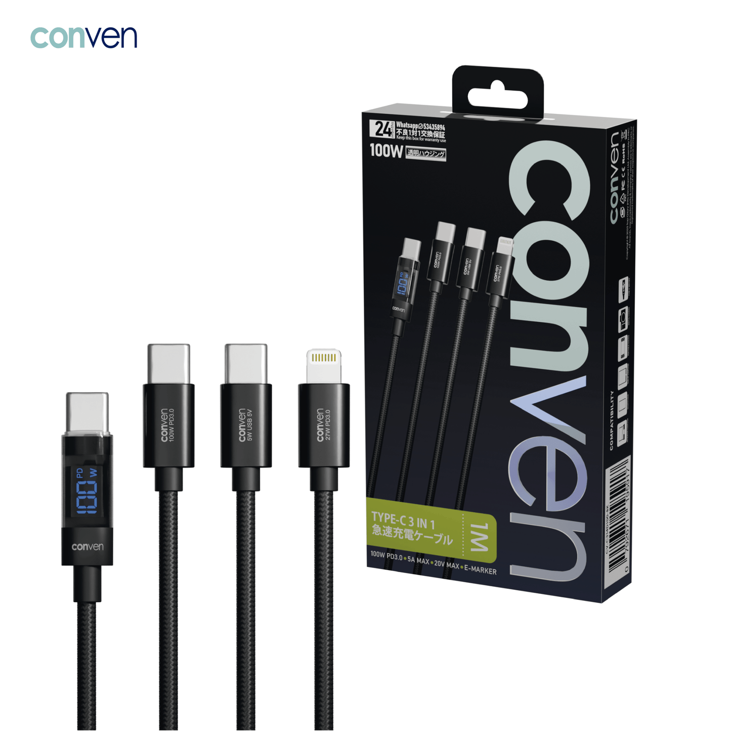 Type - C 3 in 1 100W PD (Gen 4) Quick charge Cable - CONVEN