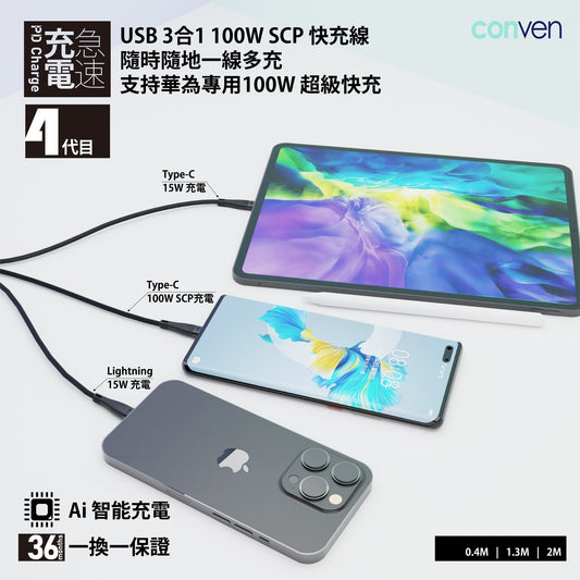 USB 3 in 1 100W SCP/ QC3.0 20W (Gen 4) Quick charge Cable - CONVEN