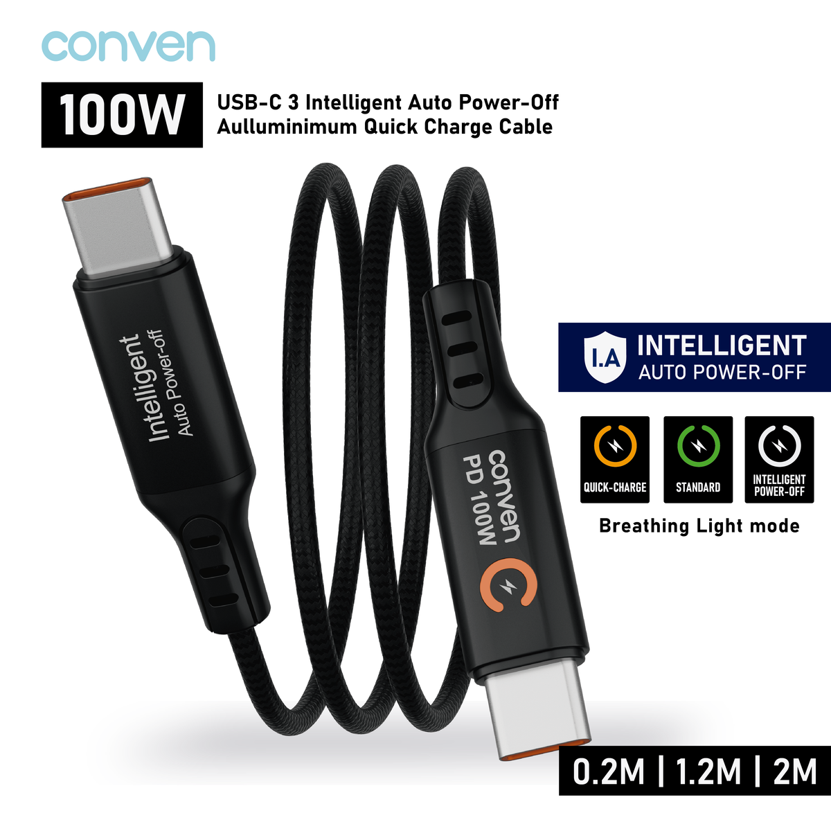 CONVEN USB Type-C 100W PD 3.0 Intelligent Auto Power-off Quick Charge Cable