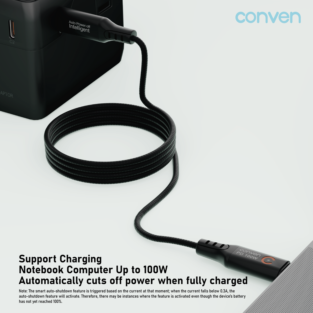CONVEN USB Type-C 100W PD 3.0 智慧自動斷電快充線