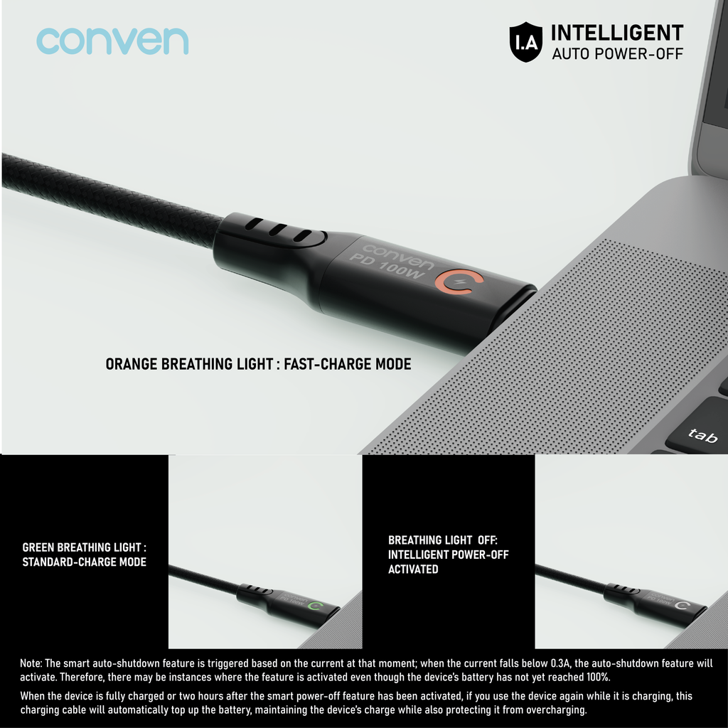 CONVEN USB Type-C 100W PD 3.0 智慧自動斷電快充線