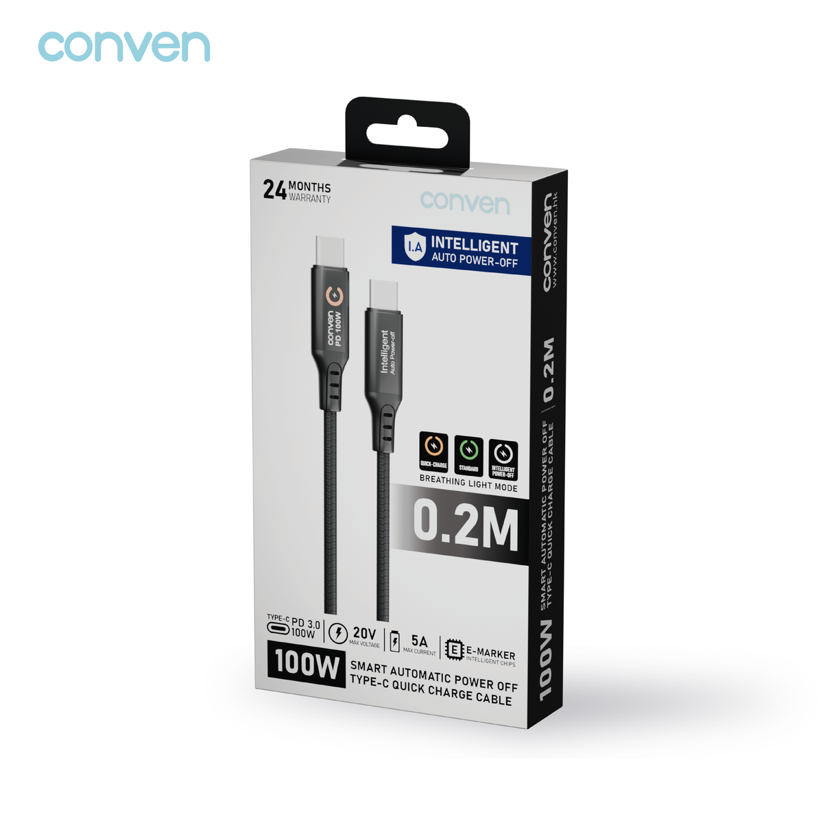 CONVEN USB Type-C 100W PD 3.0 Intelligent Auto Power-off Quick Charge Cable
