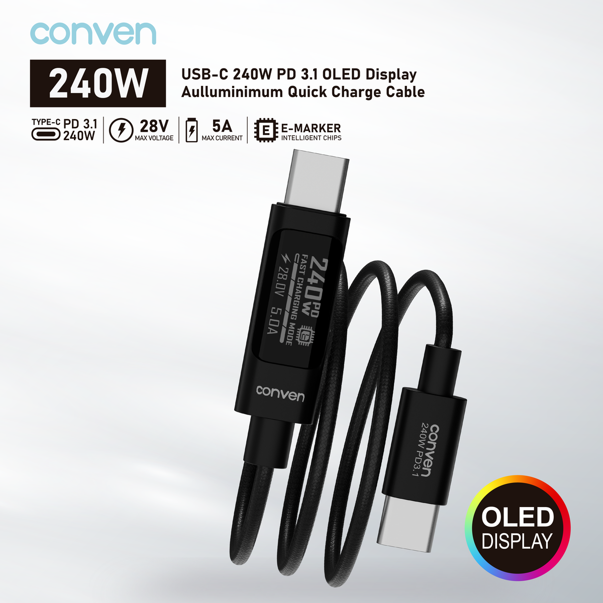 CONVEN USB Type-C 240W PD 3.1 OLED Display Quick Charge Cable