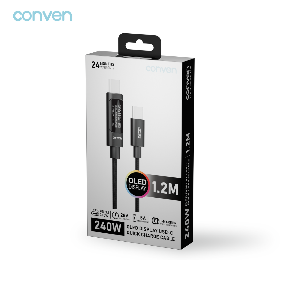 CONVEN USB Type-C 240W PD 3.1 OLED Display Quick Charge Cable