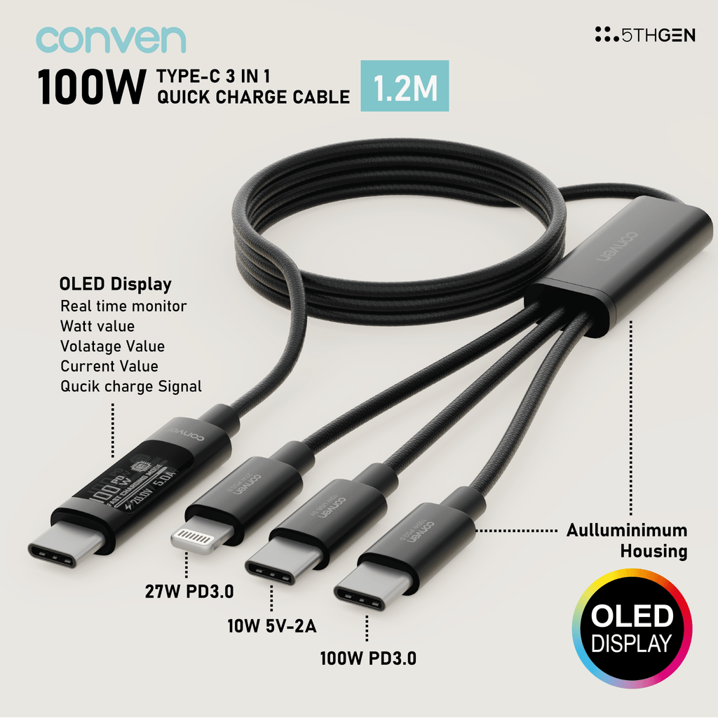 CONVEN 100W (Gen 5) OLED Display Type-C 3in1 Quick Charge Cable - CONVEN