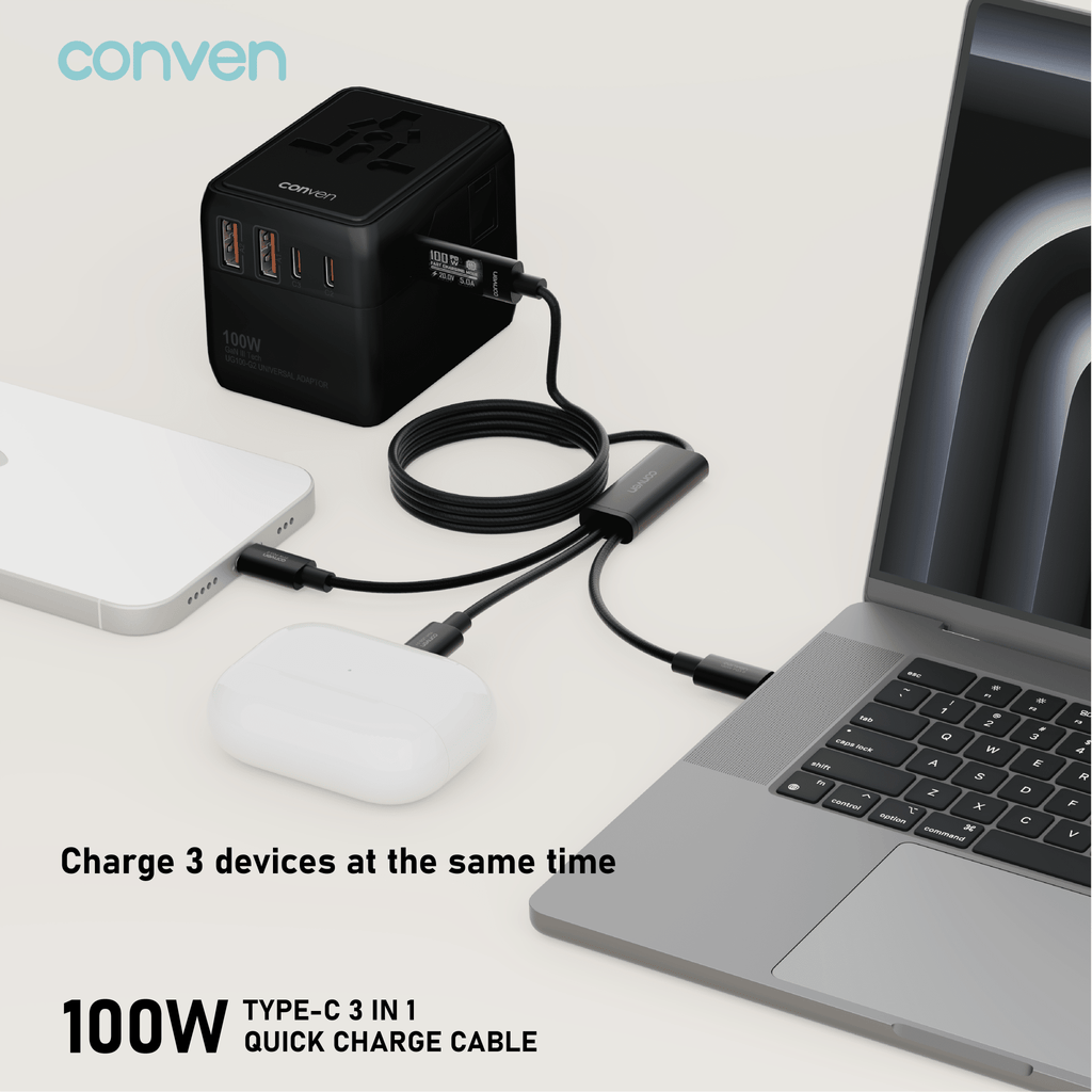 CONVEN 100W (Gen 5) OLED Display Type-C 3in1 Quick Charge Cable - CONVEN