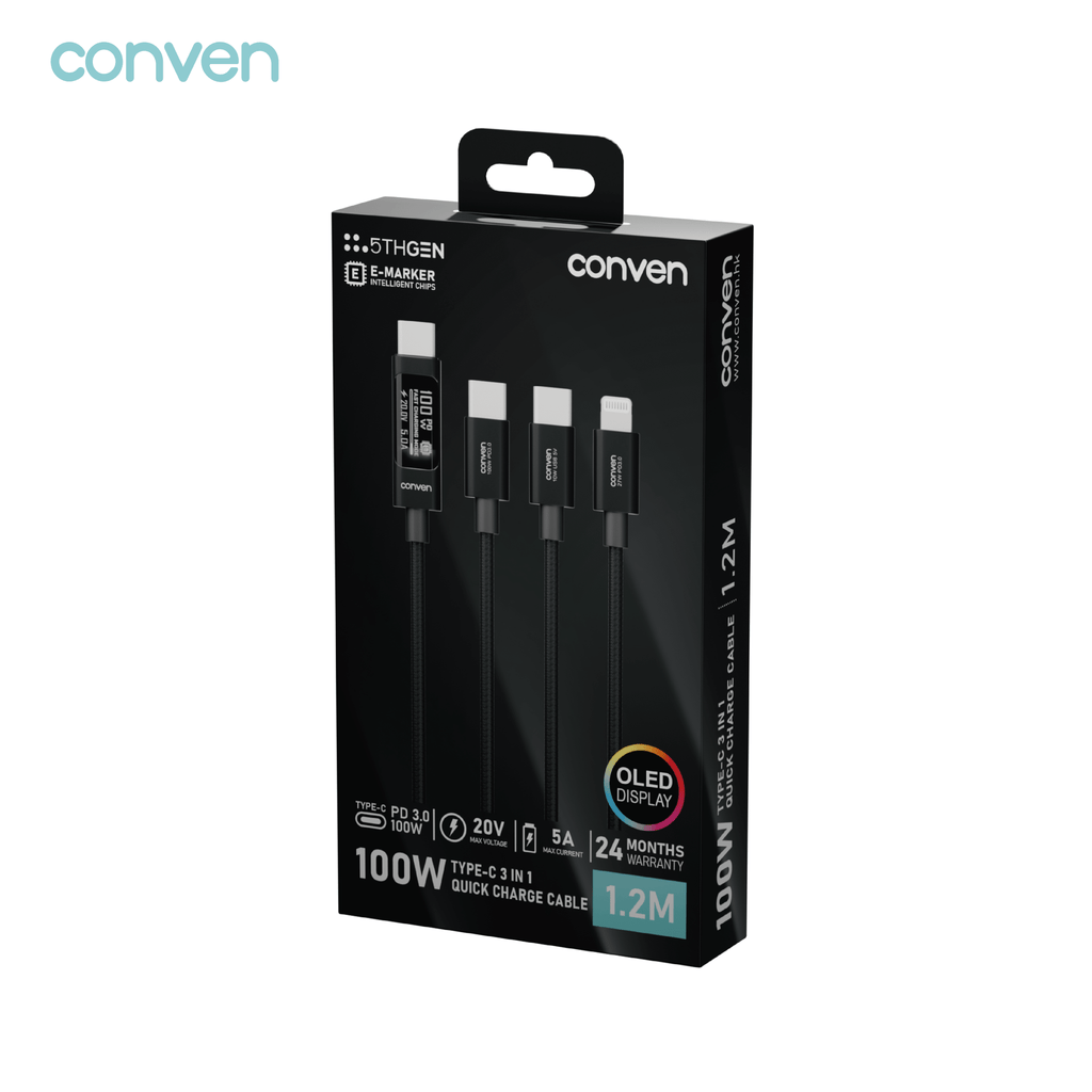 CONVEN 100W (Gen 5) OLED Display Type-C 3in1 Quick Charge Cable - CONVEN