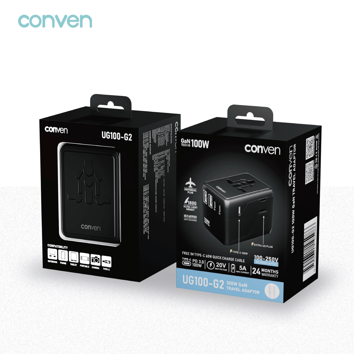 CONVEN UG100-G2 100W Gan UNIVERSAL POWER ADAPTOR & CHARGER - CONVEN