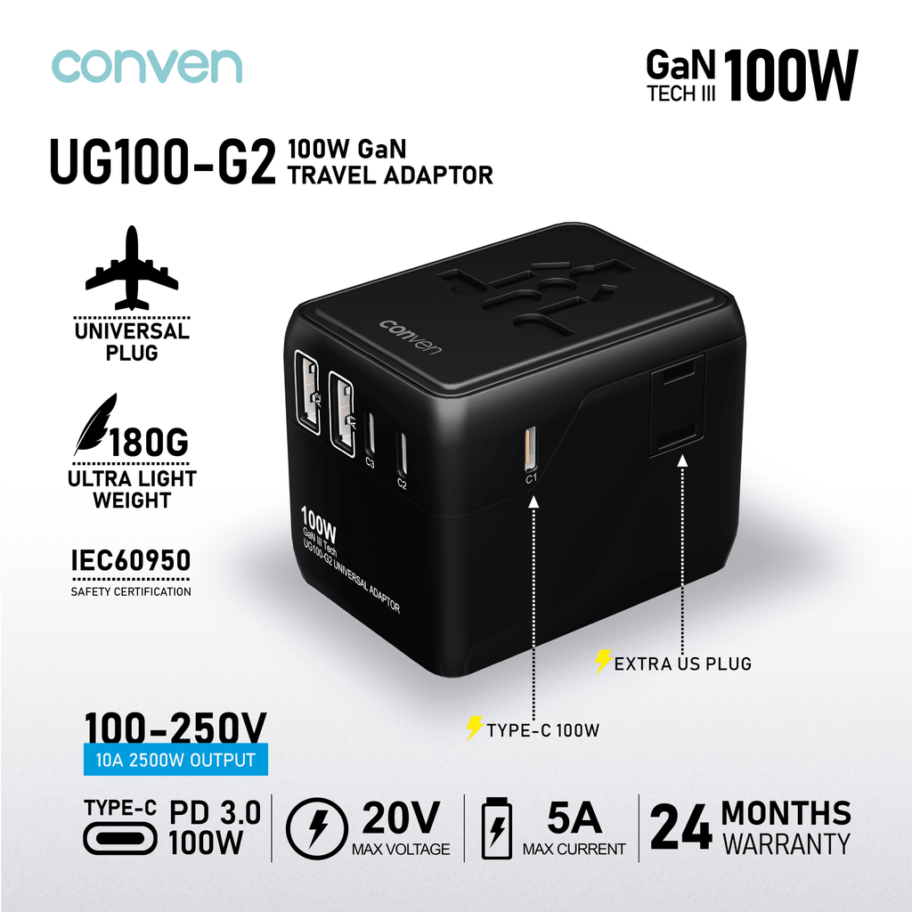 CONVEN UG100-G2 100W Gan UNIVERSAL POWER ADAPTOR & CHARGER - CONVEN