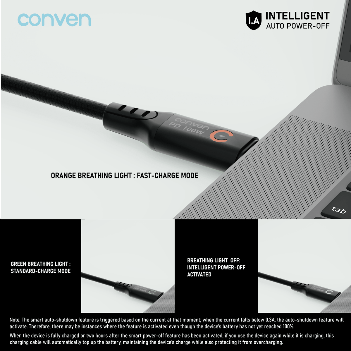 CONVEN USB Type-C 100W PD 3.0 Intelligent Auto Power-off Quick Charge Cable - CONVEN