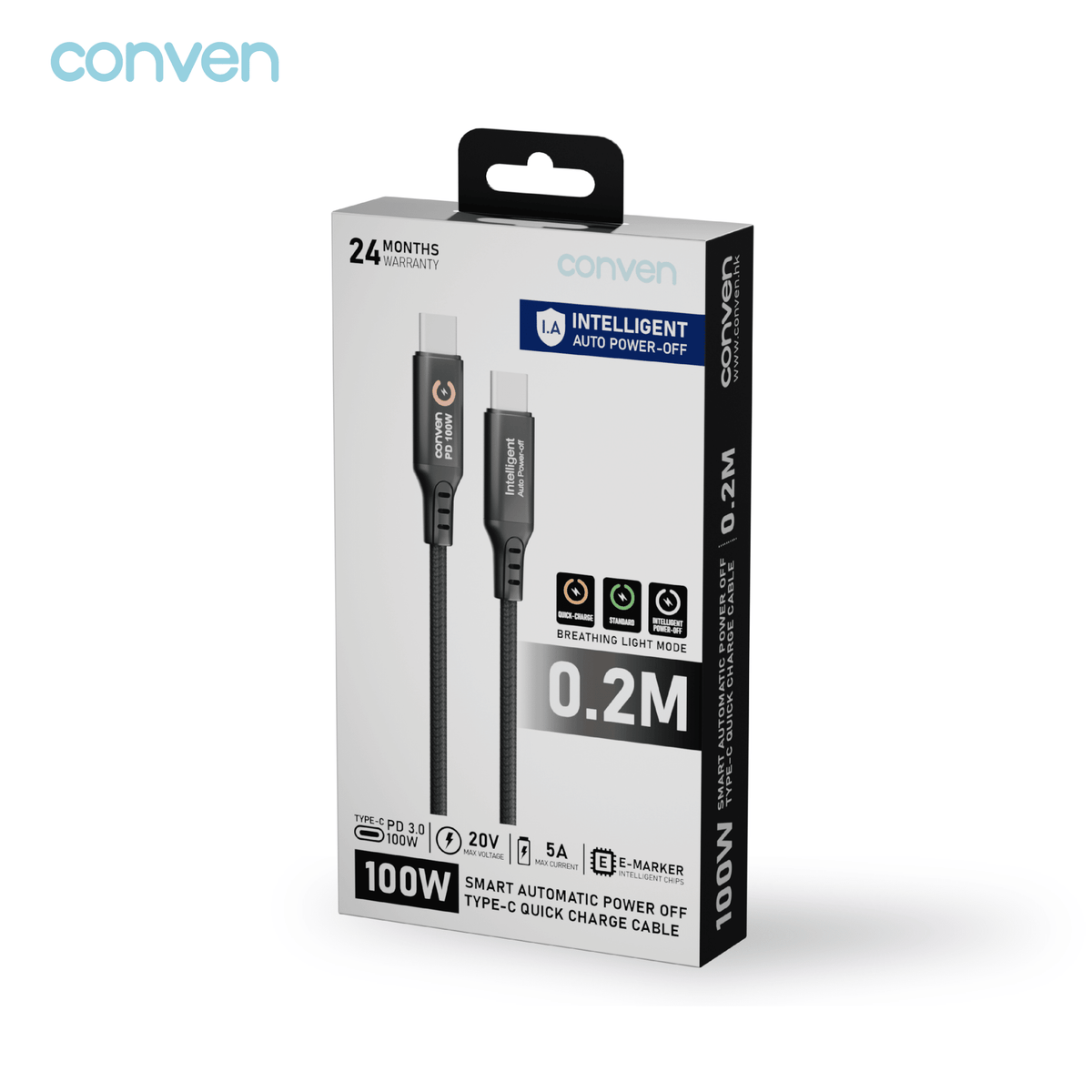 CONVEN USB Type-C 100W PD 3.0 Intelligent Auto Power-off Quick Charge Cable - CONVEN